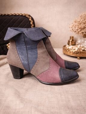 Everybody by BZ Moda Colorblock Leather Ankle Boots Size 38 Foldover Zip Heeled